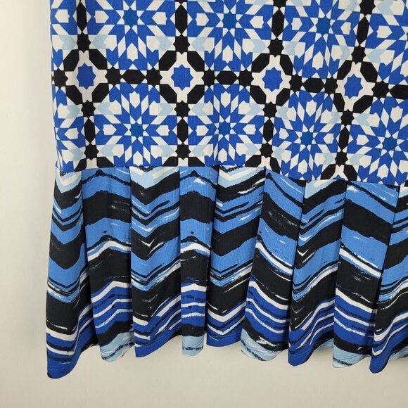 Stitch Fix 41 Hawthorn Mora Blue Stretch Knit Print Beaded Neck Dress L - Picture 4 of 9